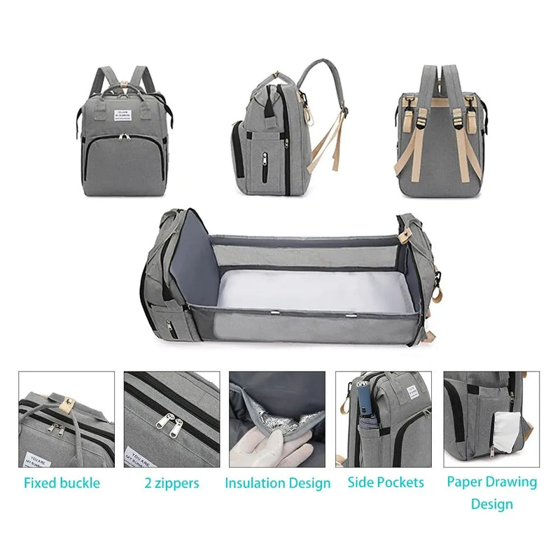 Fashionable Mommy Bag Folding Baby Bed Mother Large Capacity Portable Milk Bottle Diaper Double Shoulder Mom's Bag